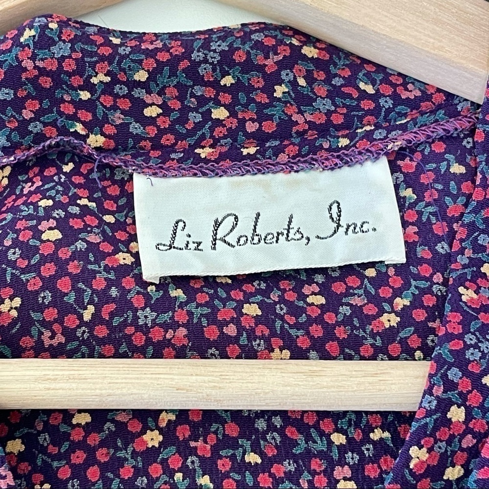 Vintage Liz Roberts Inc Ditsy Floral Blouson Midi Dress Purple Pink Vtg 10 S-M - Picture 13 of 15